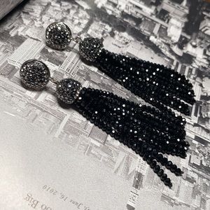 Black and silver beaded gem dangle earrings